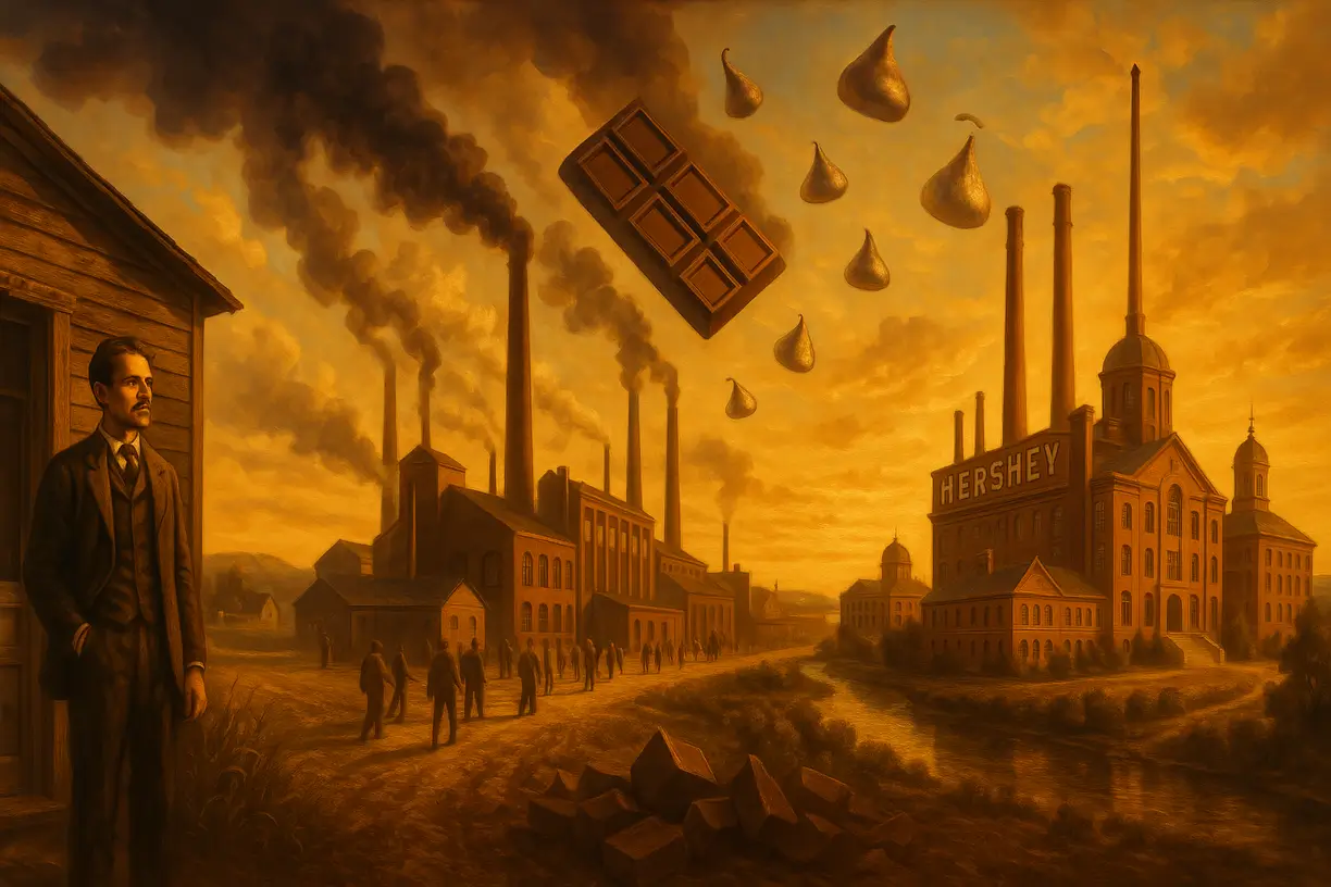 Milton Hershey looking at Chocolate falling from sky